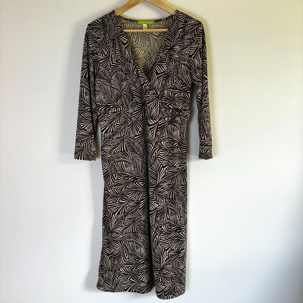 Sigrid Olsen Brown Tan Leaf Print Wrap Dress 3/4 Sleeve V-Neck